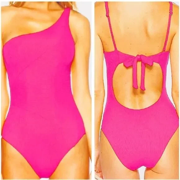 🆕️2023 BECCA BY REBECCA VIRTUE Pink Ribbed Asymmetrical One Piece Swimsuit M - Picture 3 of 14